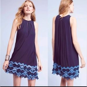 Anthropologie Navy Blue Sleeveless Shift Dress with Chevron Lace Hem